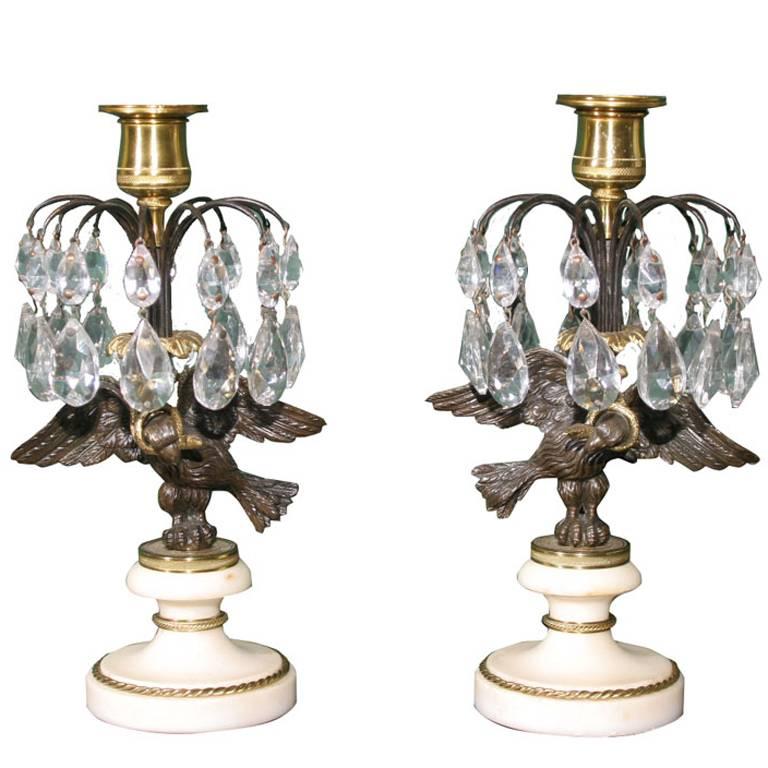 Regency Bronze and Ormolu Candlesticks on Marble Bases. English, Circa 1810 For Sale