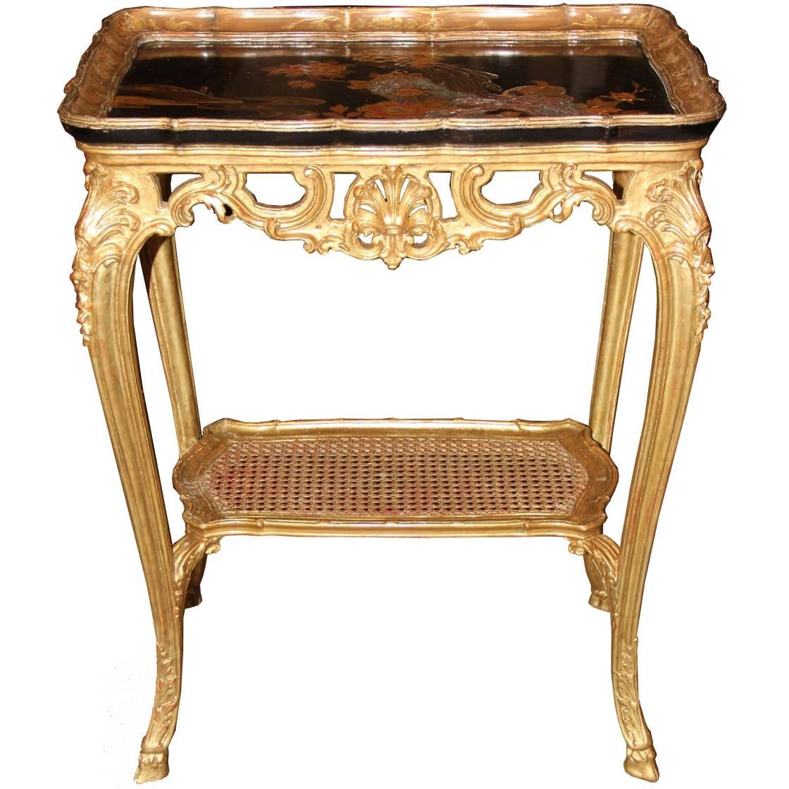 19th Century French Giltwood and Black Lacquered Japanned Table
