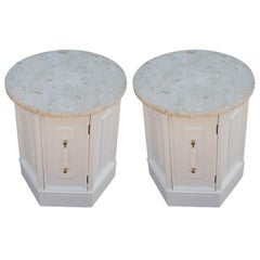 Luxe Pair of Hexagonal Lacquered Side Tables with Round Marble Tops