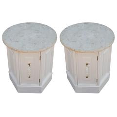 Luxe Pair of Hexagonal Lacquered Side Tables with Round Marble Tops 7