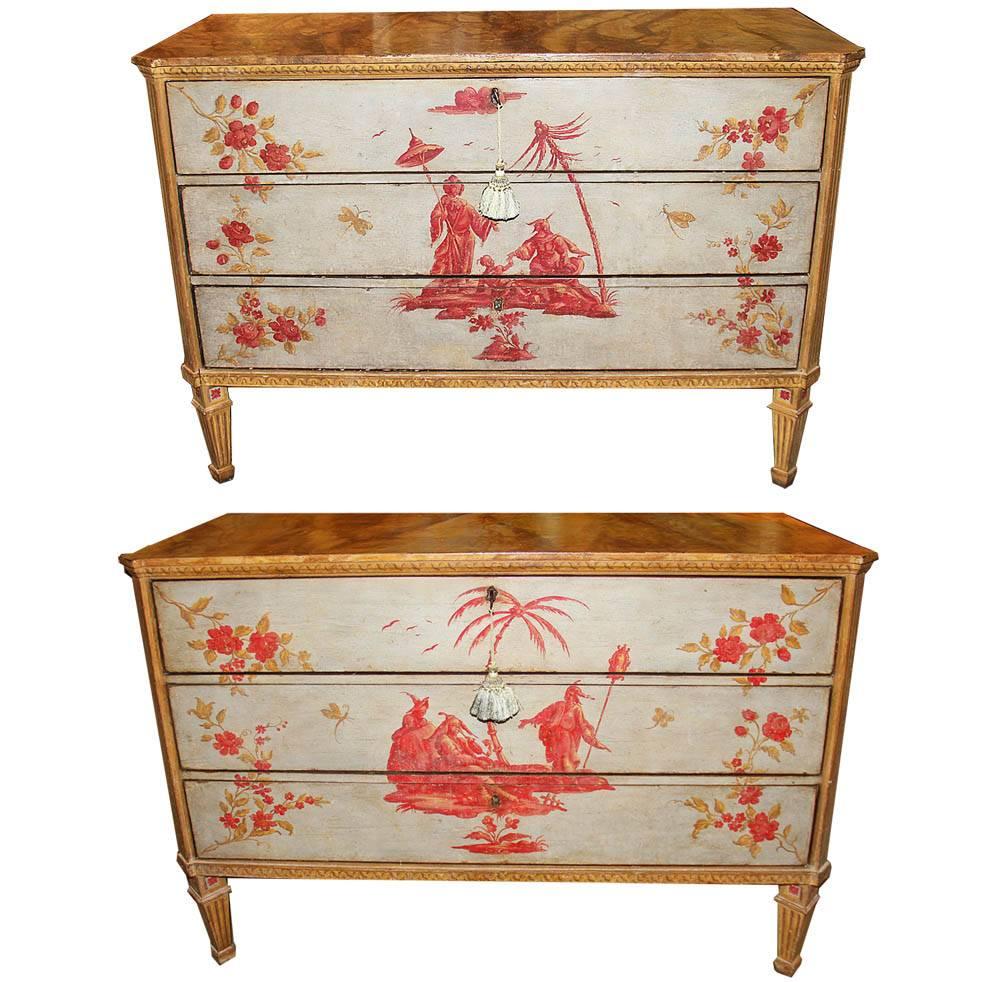 Rare Pair of Important 18th Century Venetian Polychrome Commodes For Sale