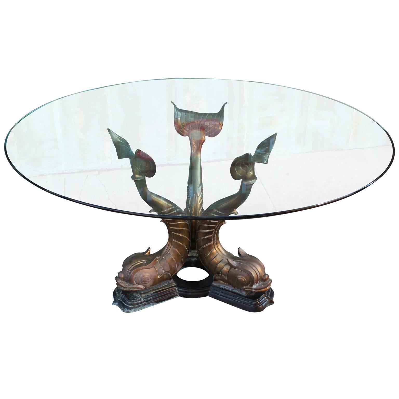 Fabulous Round Brass and Glass Dolphin Fish Dining Table