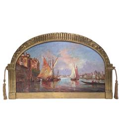 19th Century Signed Venice Oil Painting with Arched Gold Leaf Frame