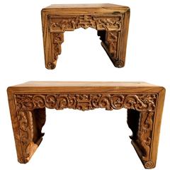 Set of Two Natural Solid Wood Stool and Bench