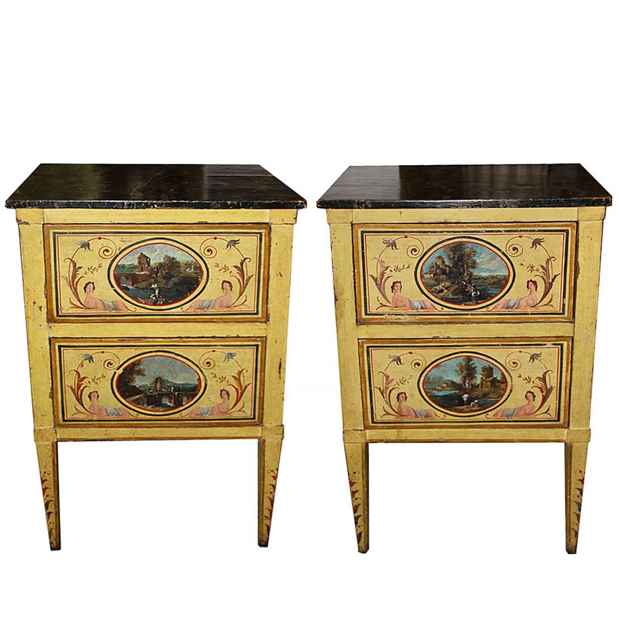 Elegant Pair of 18th Century Neoclassical Luccan Louis XVI Polychrome Commodini For Sale