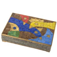 Brass Box with Colorful Inlaid Stone Bird Mosaic by Salvador Teran