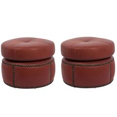 Pair of Leather Studded Poufs, French, 1920s