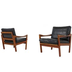Pair of Illum Wikkelso Teak and Leather 1960s Easy Chairs, Danish Modern