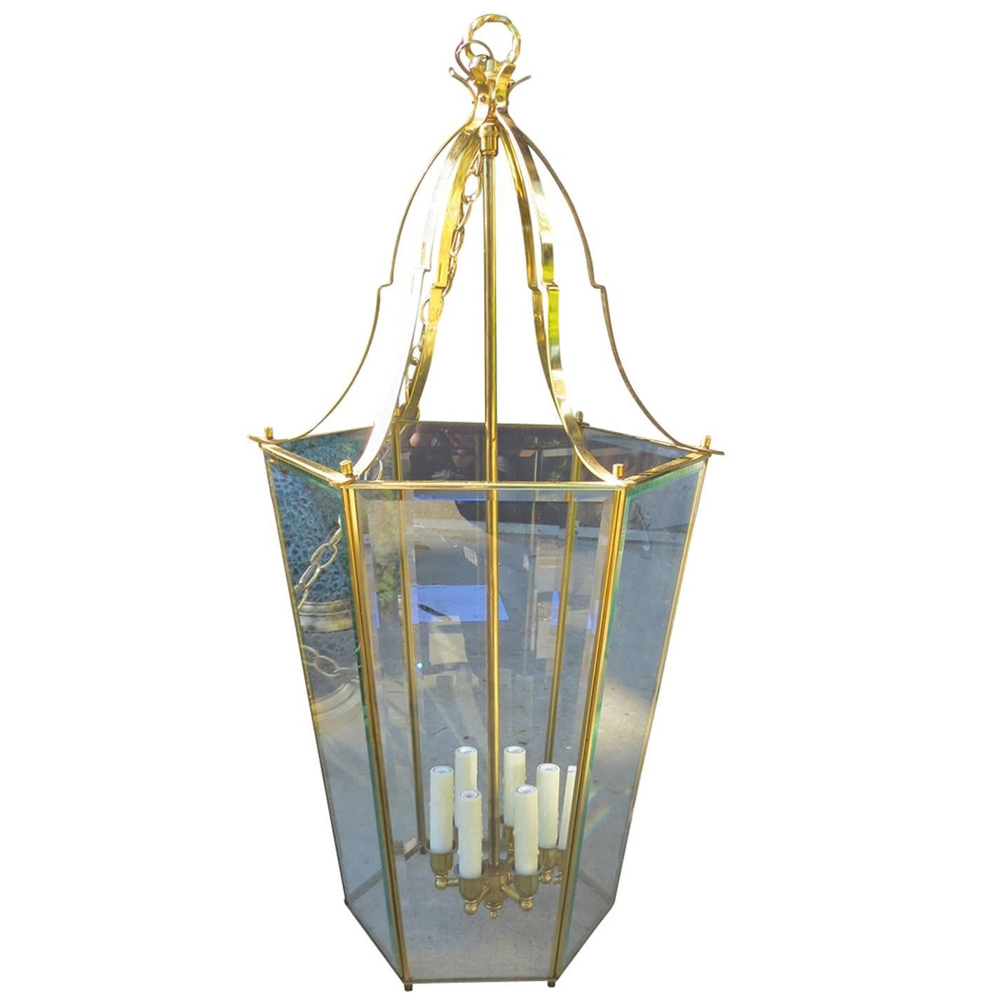 Large Mid-20th Century Brass Hexagonal Lantern For Sale
