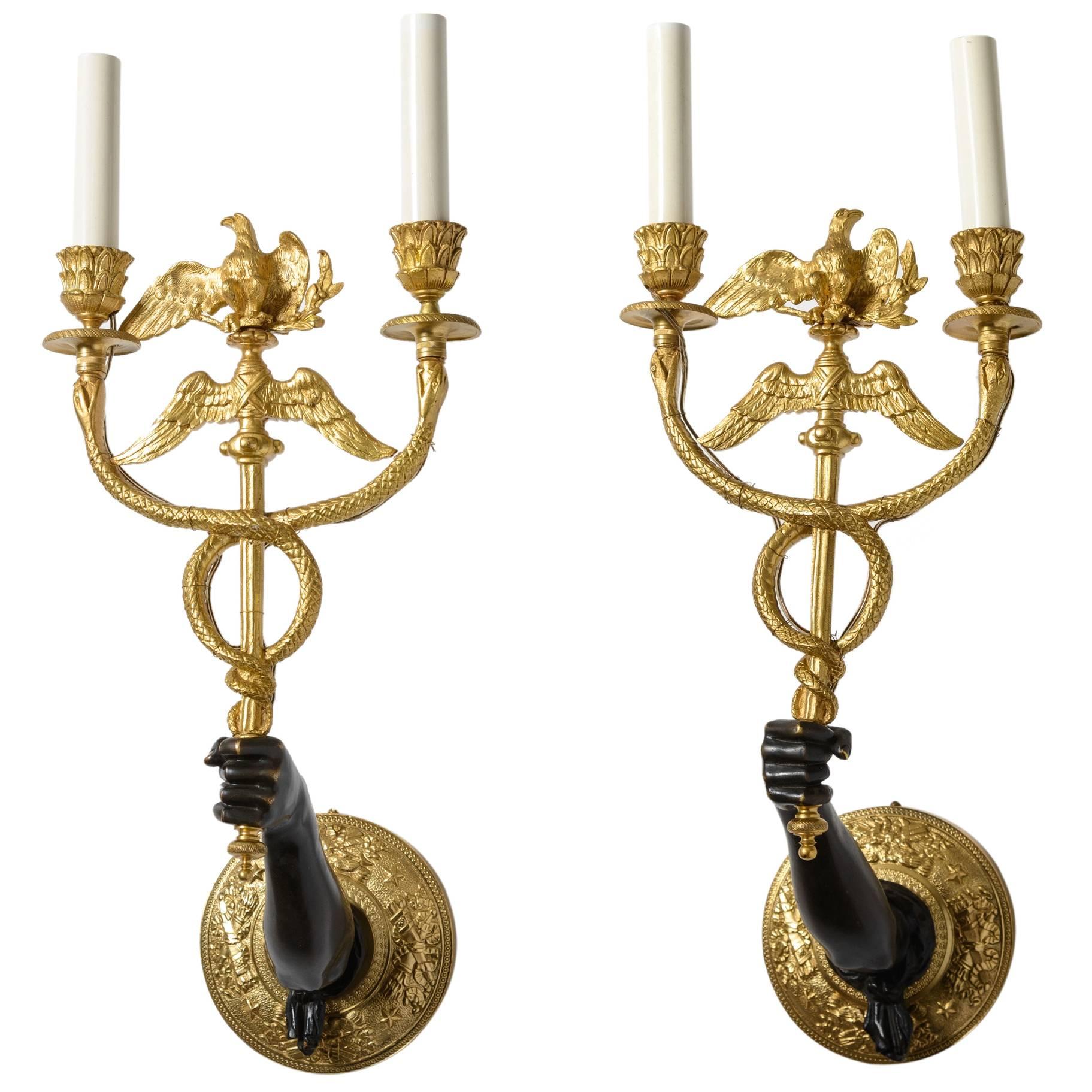 Pair of 19th Century French Empire Style Bronze Wall-Mount Candelabra/Sconces