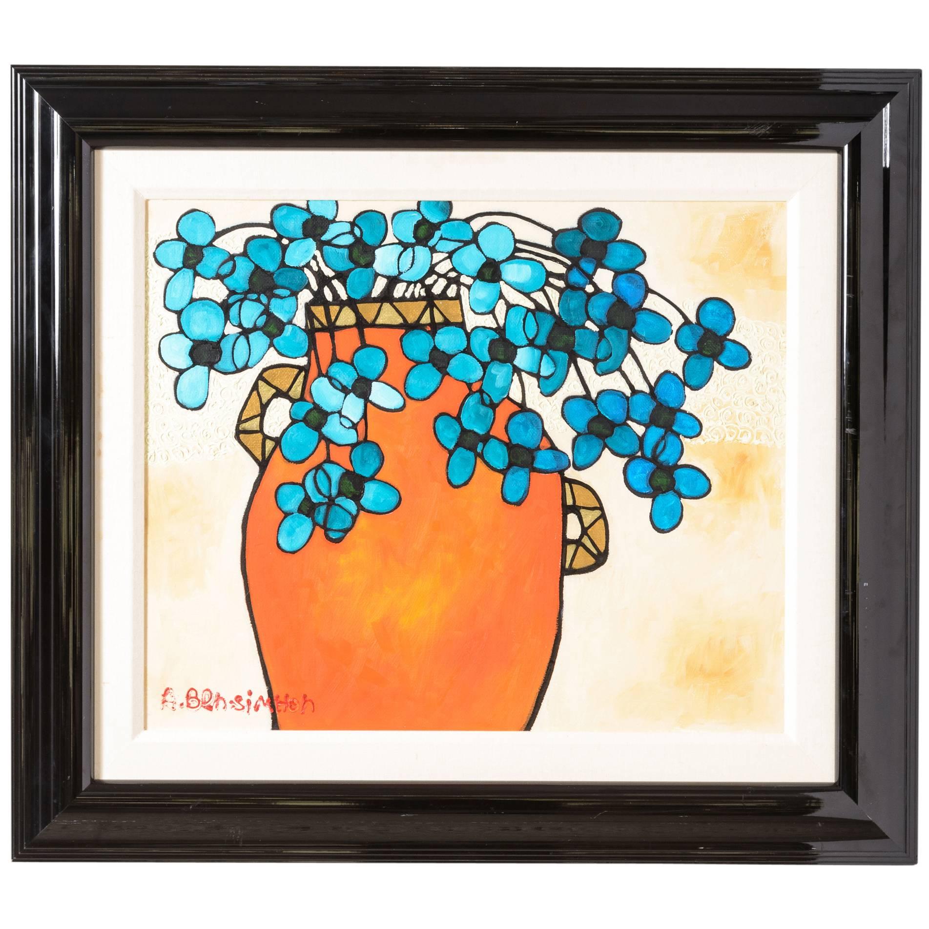 Oil on Canvas Painting of Blue Flowers in a Vase by Avi Ben Simhon
