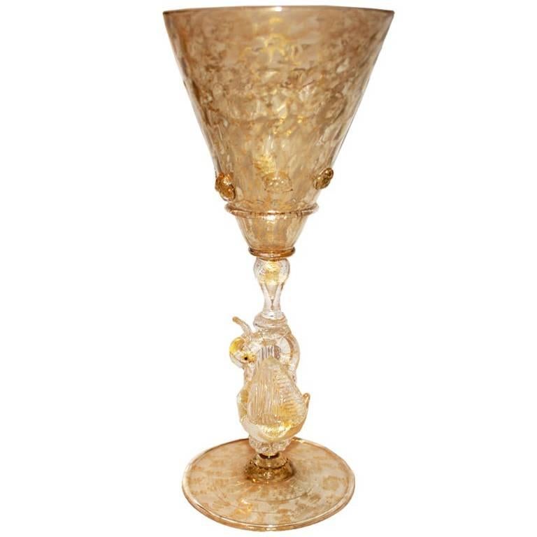 Set of Eight Venetian Glass Goblets Wine Water Swan Stem Vintage Stemware