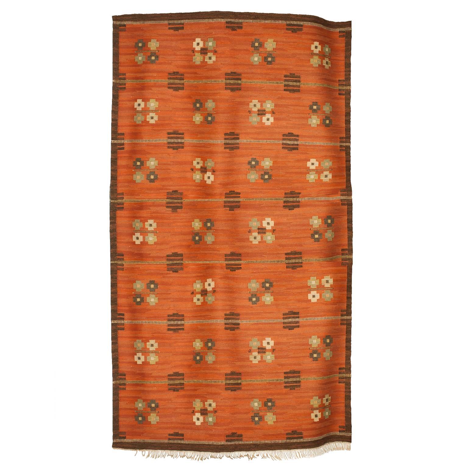 Scandinavian Modern Wool Flat-Weave Rug with Pattern on a Terra Cotta Ground