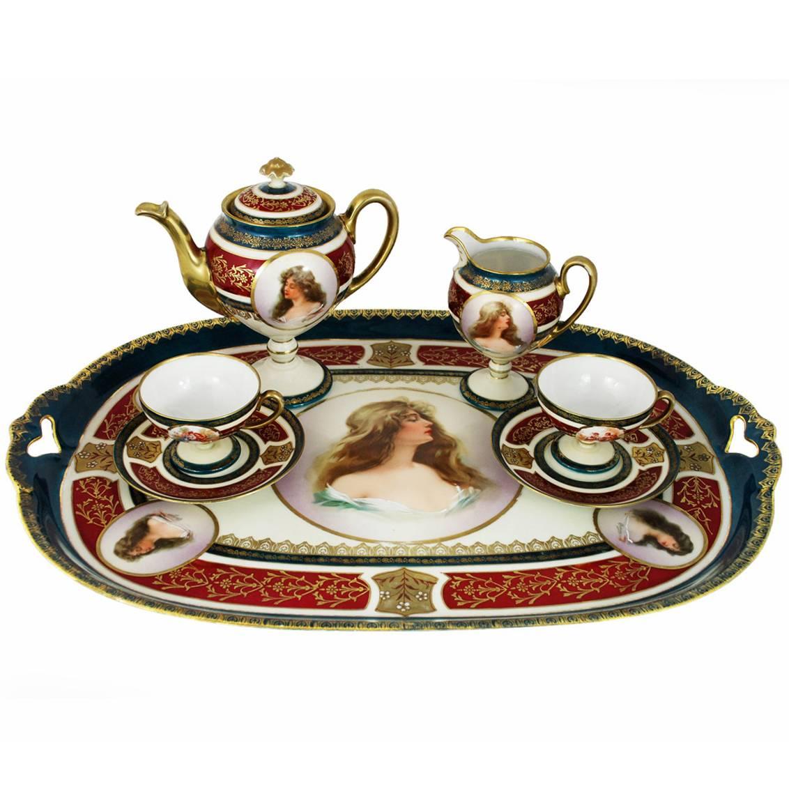 Antique Royal Vienna Style Porcelain Tea Coffee Set on Tray