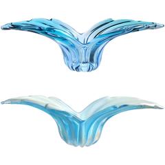 Barbini Murano Sommerso and Solid Blue Hues Italian Art Glass Wing Bowls