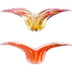 Barbini Murano Sommerso and Solid Orange Hues Italian Art Glass Wing Bowls