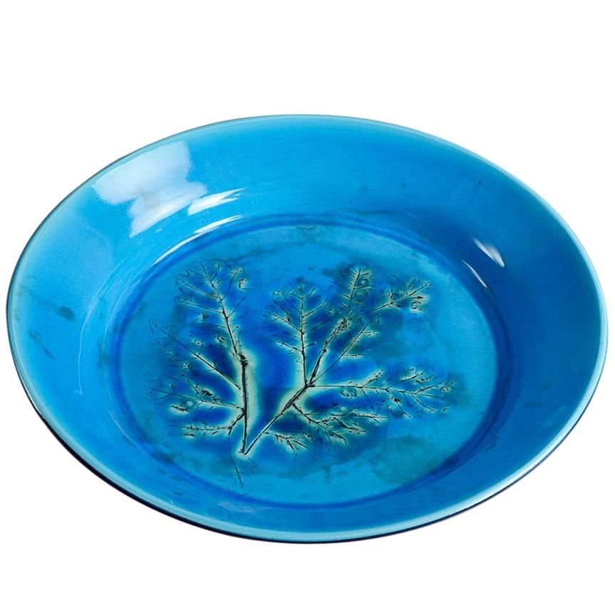 Bowl with impressed plant design, turquoise glaze by Toini Muona  For Sale