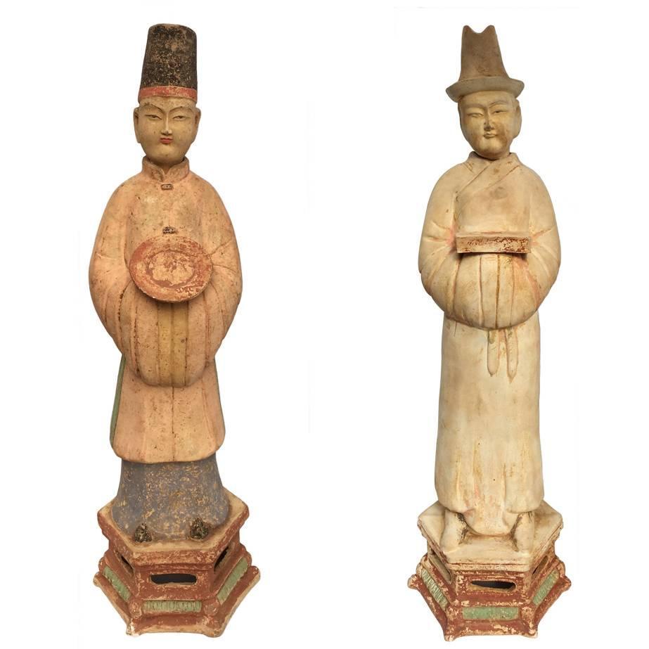 Pair of Antique Chinese Ming Dynasty Pottery Figures For Sale at 1stdibs