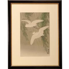 Japanese Woodblock Print "Two Egrets in a Willowtree" by Koson Ohara