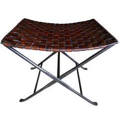 Vintage Modern Hand-Forged Metal and Leather Strap Folding Stool/Bench
