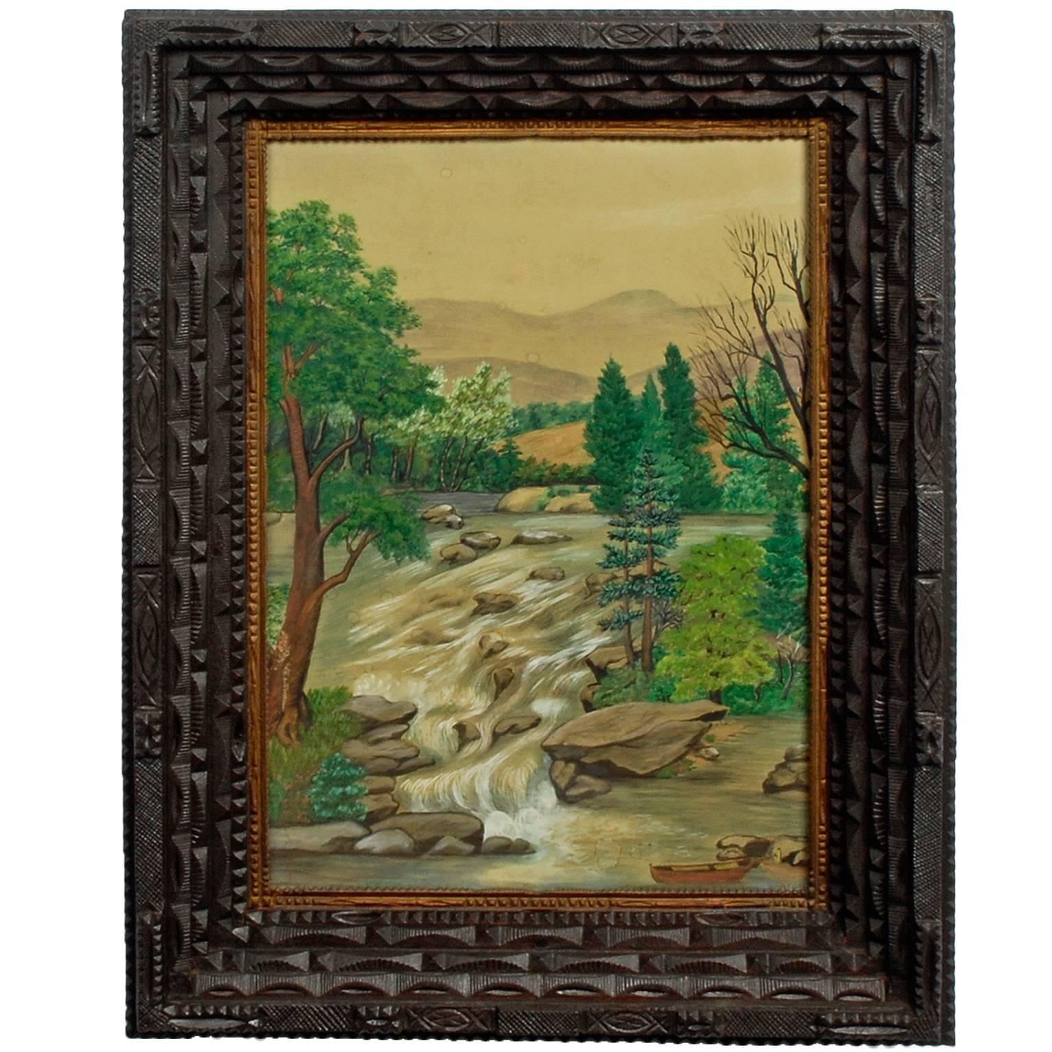 Tramp Art Frame with Landscape Drawing For Sale