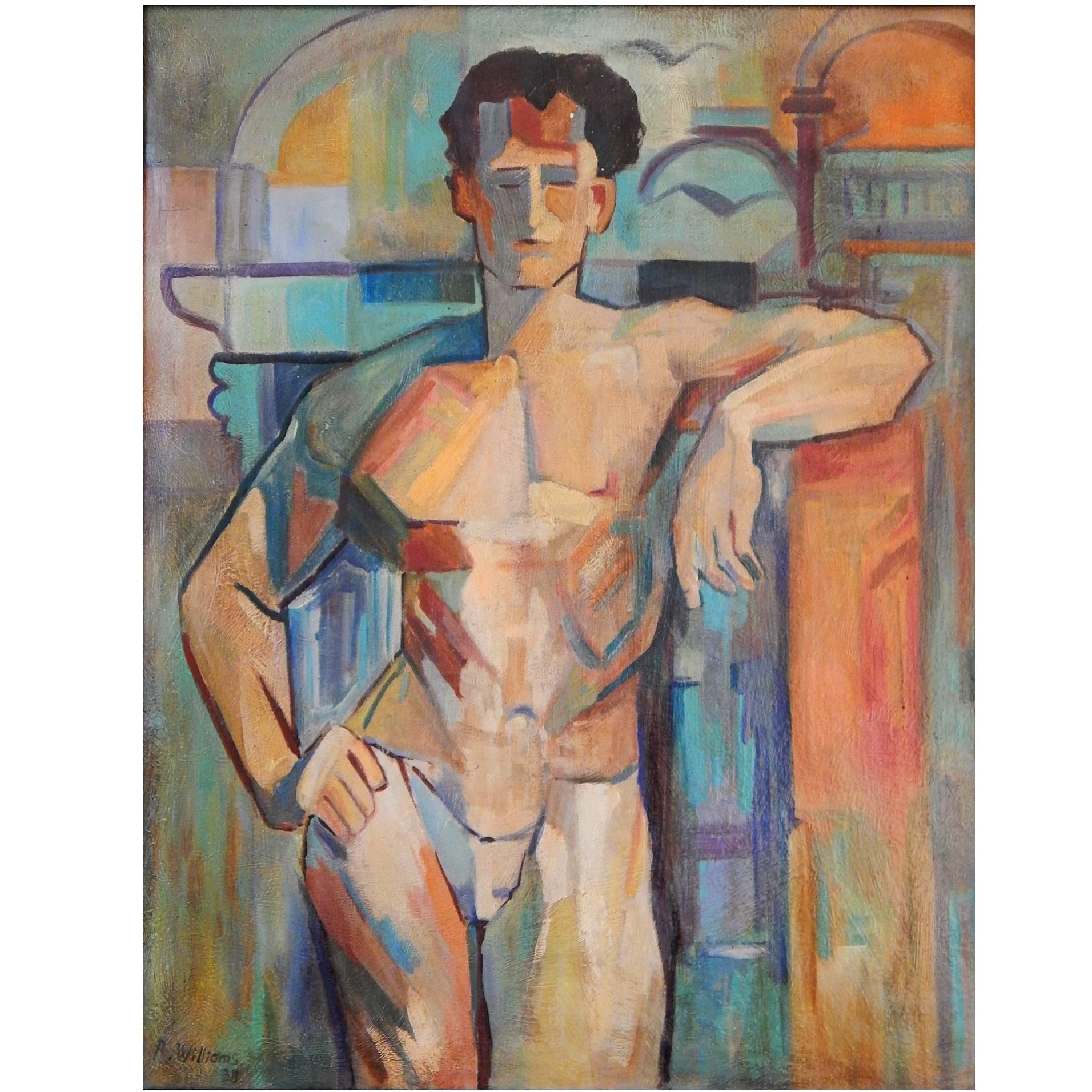 "Cubist Male Nude, " Gorgeous Art Deco Painting by Williams, 1938