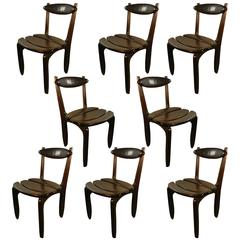Guillerme et Chambron, Set of Eight Blackened Oak Thierry Chairs, 1970
