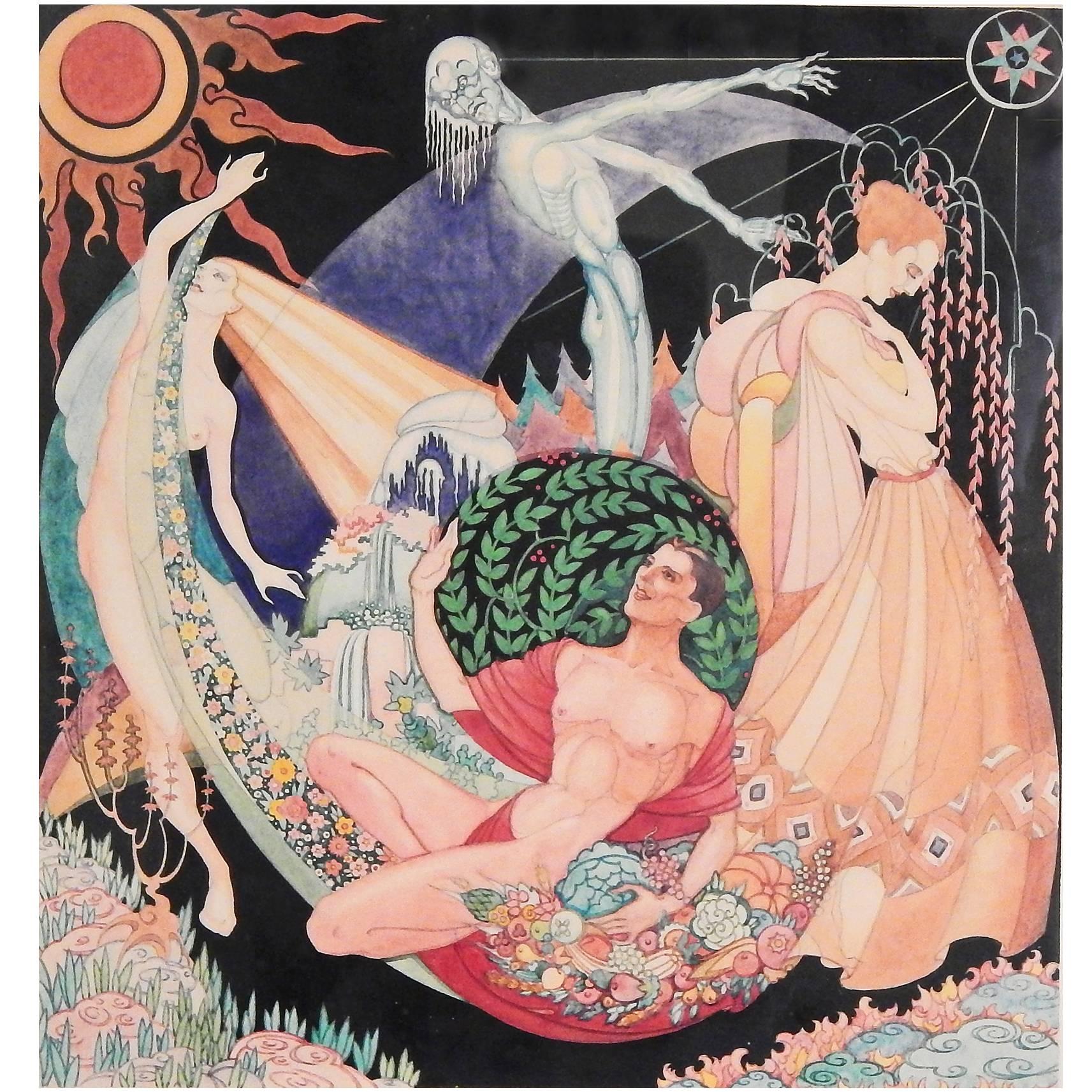 "The Four Seasons, " Brilliant Art Deco Painting with Nudes by Max Howard