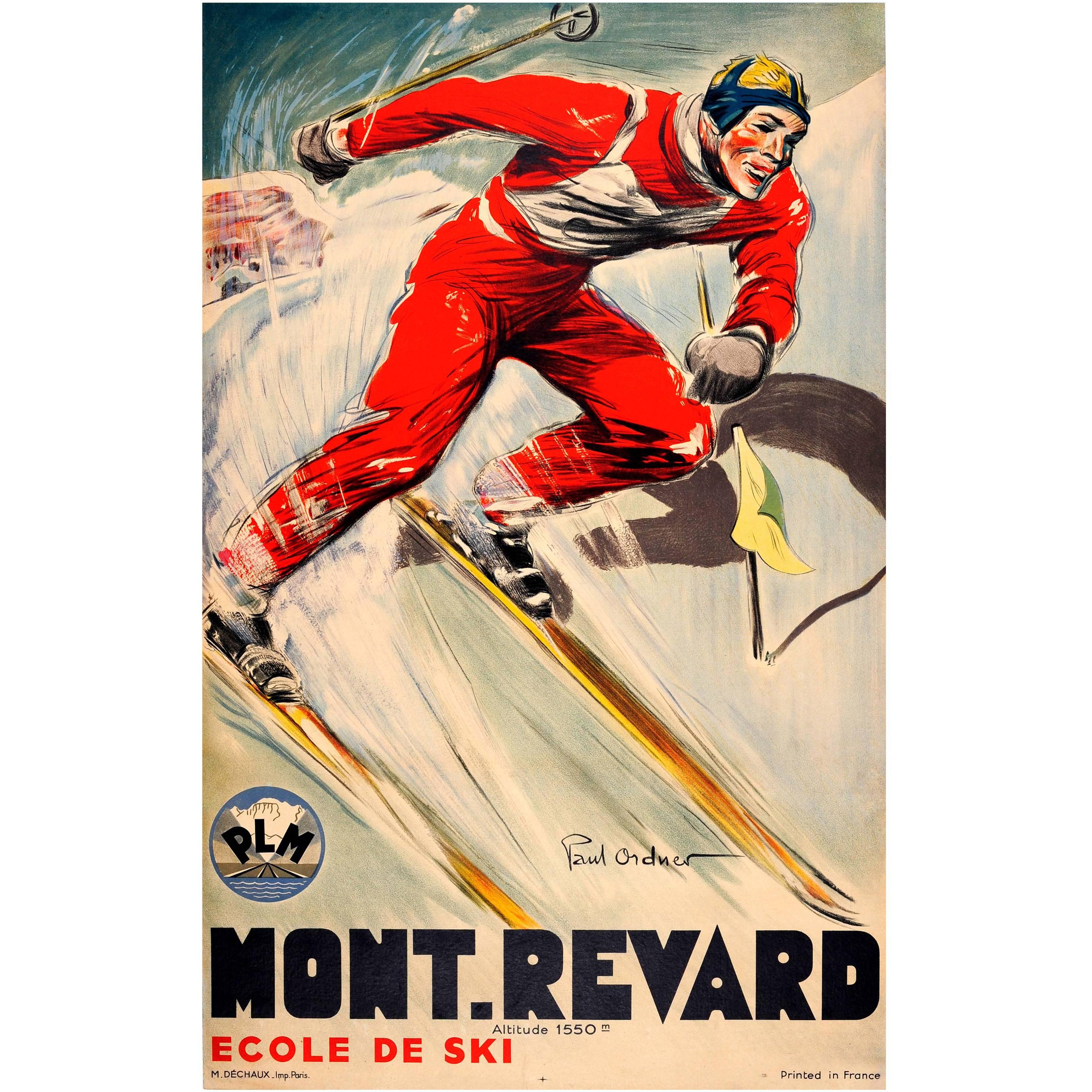 Original Vintage 1930s Skiing Poster by Paul Ordner for Mont Revard France PLM