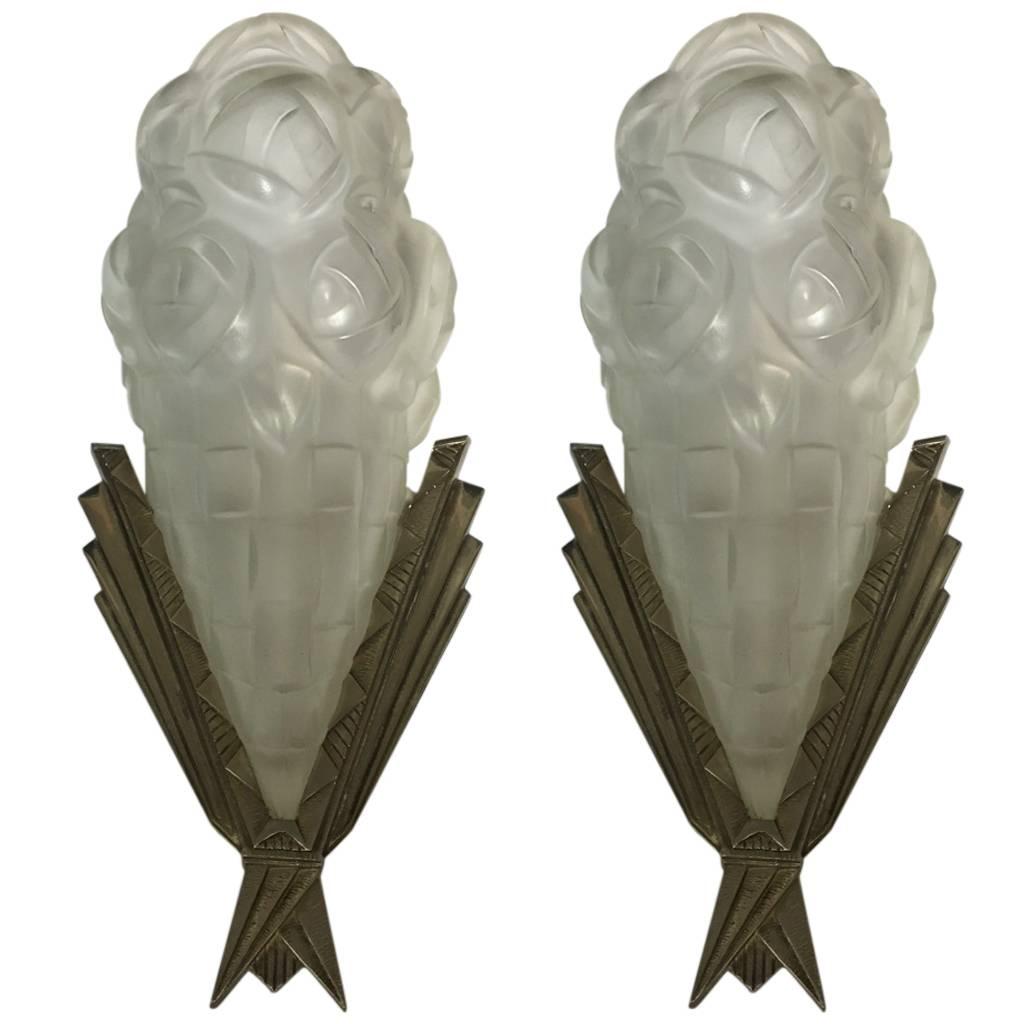 Pair of French Art Deco Sconces Signed by Degue