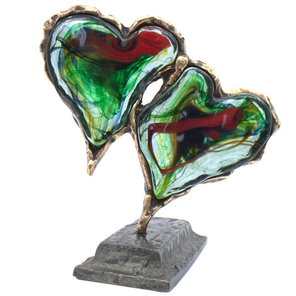 Yves Lohe Sculpture en verre Deux cœurs:: verre et bronze