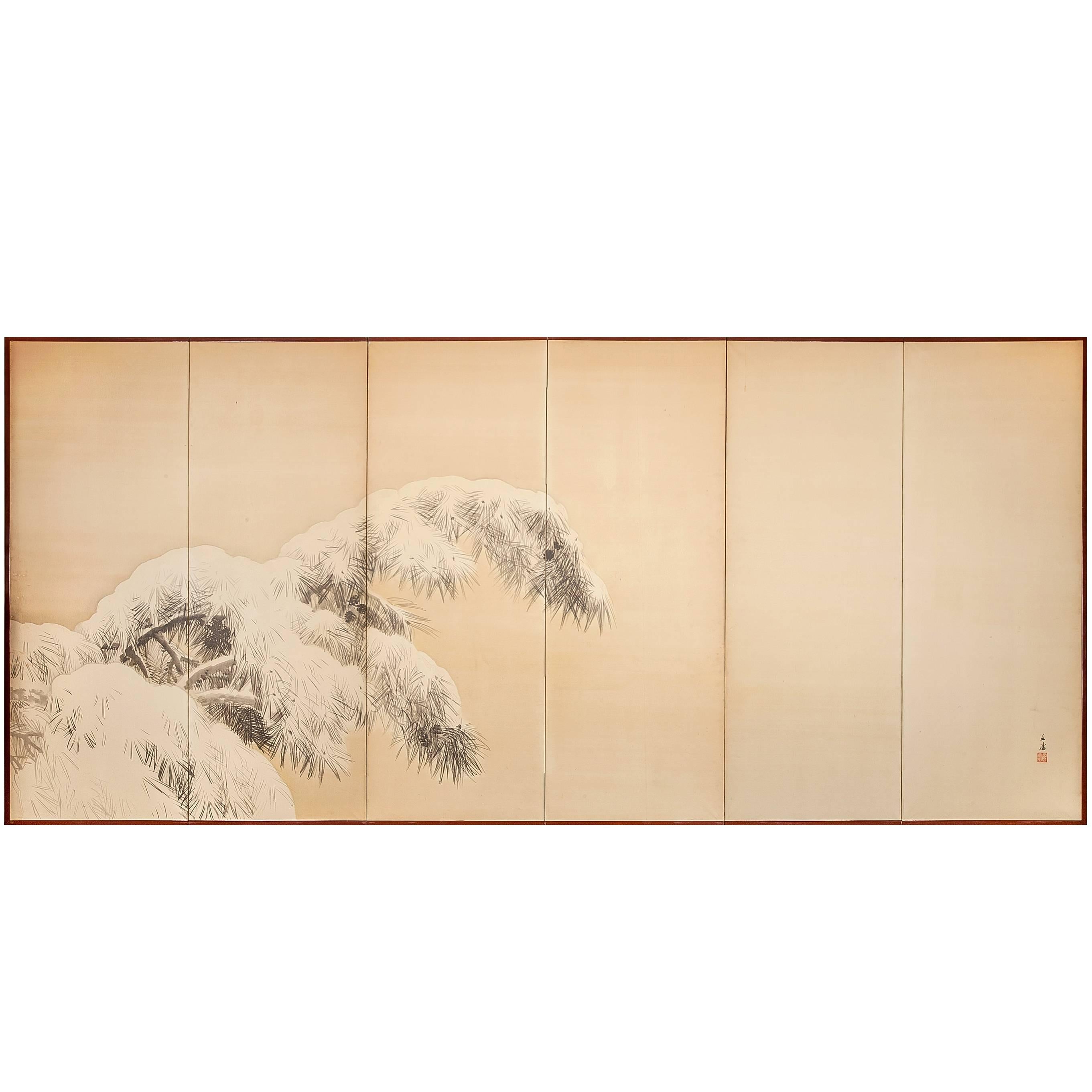 Japanese Six Panel Screen:  Pine in Winter