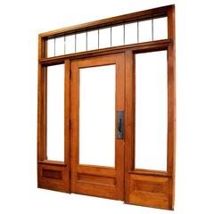 Antique 1920s, Birch Interior Passageway with Leaded Glass Transom and Sidelights