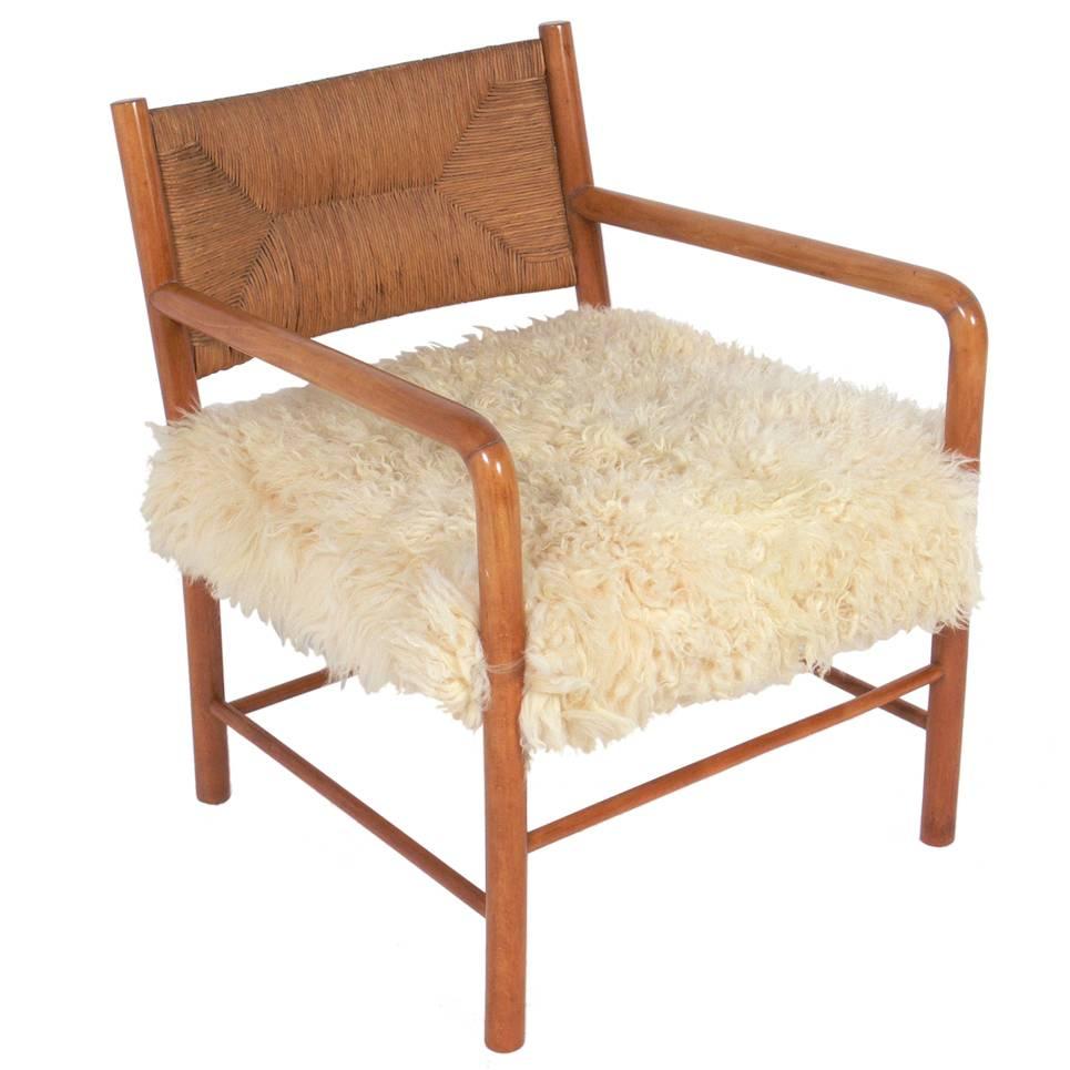 Italian Midcentury Lounge Chair in Woven Paper Cord and Sheepskin