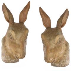 Pair of Antique French Napoleon III Period Hand-Carved Rabbit Heads, circa 1870