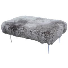 Plush Grey Sheepskin and Lucite Ottoman or Bench