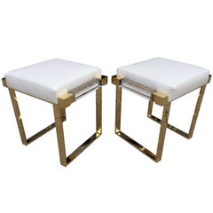 Pair of Lucite and Brass "Box" Line Benches by Charles Hollis Jones