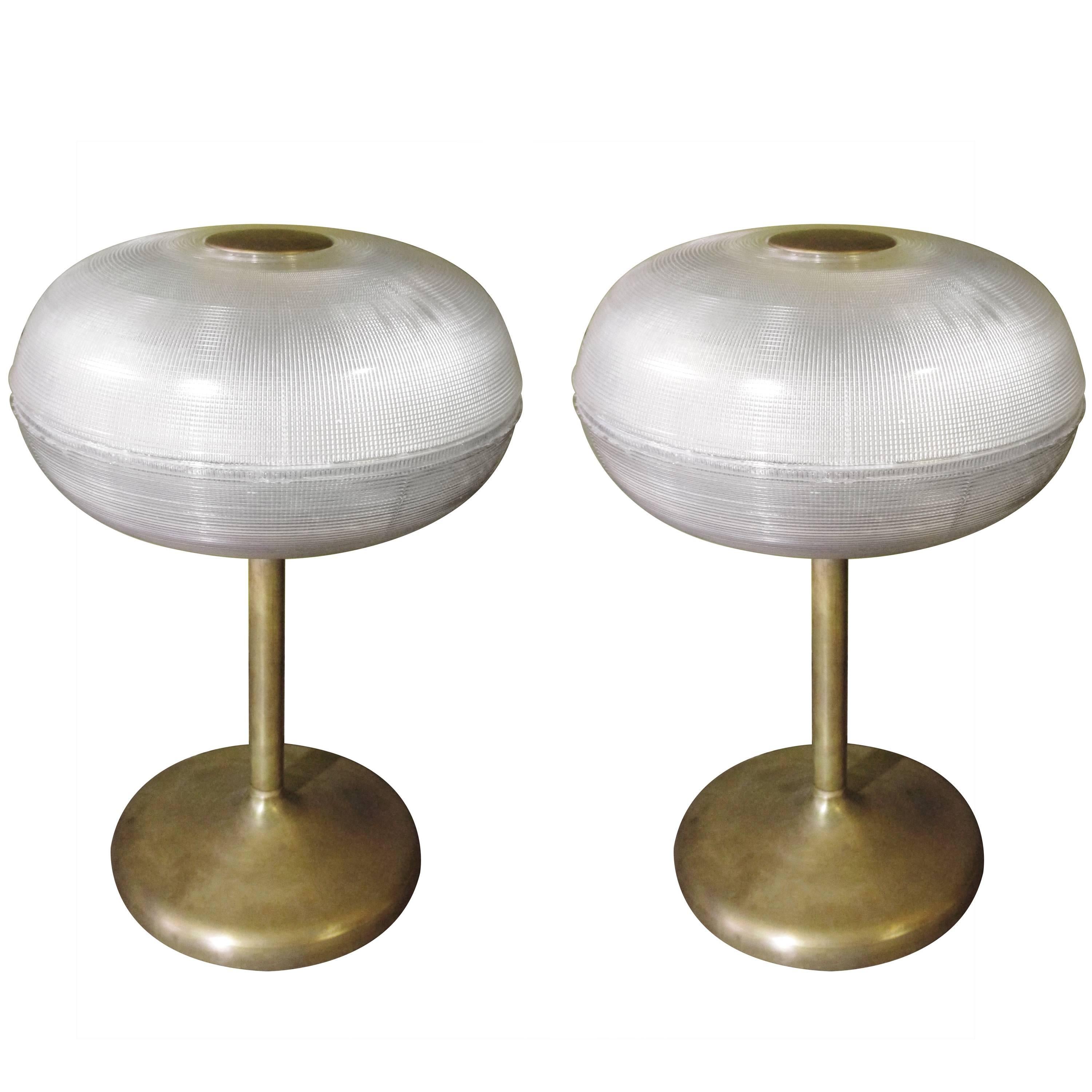 Pair of French Glass Holophane and Brass Table Lamps