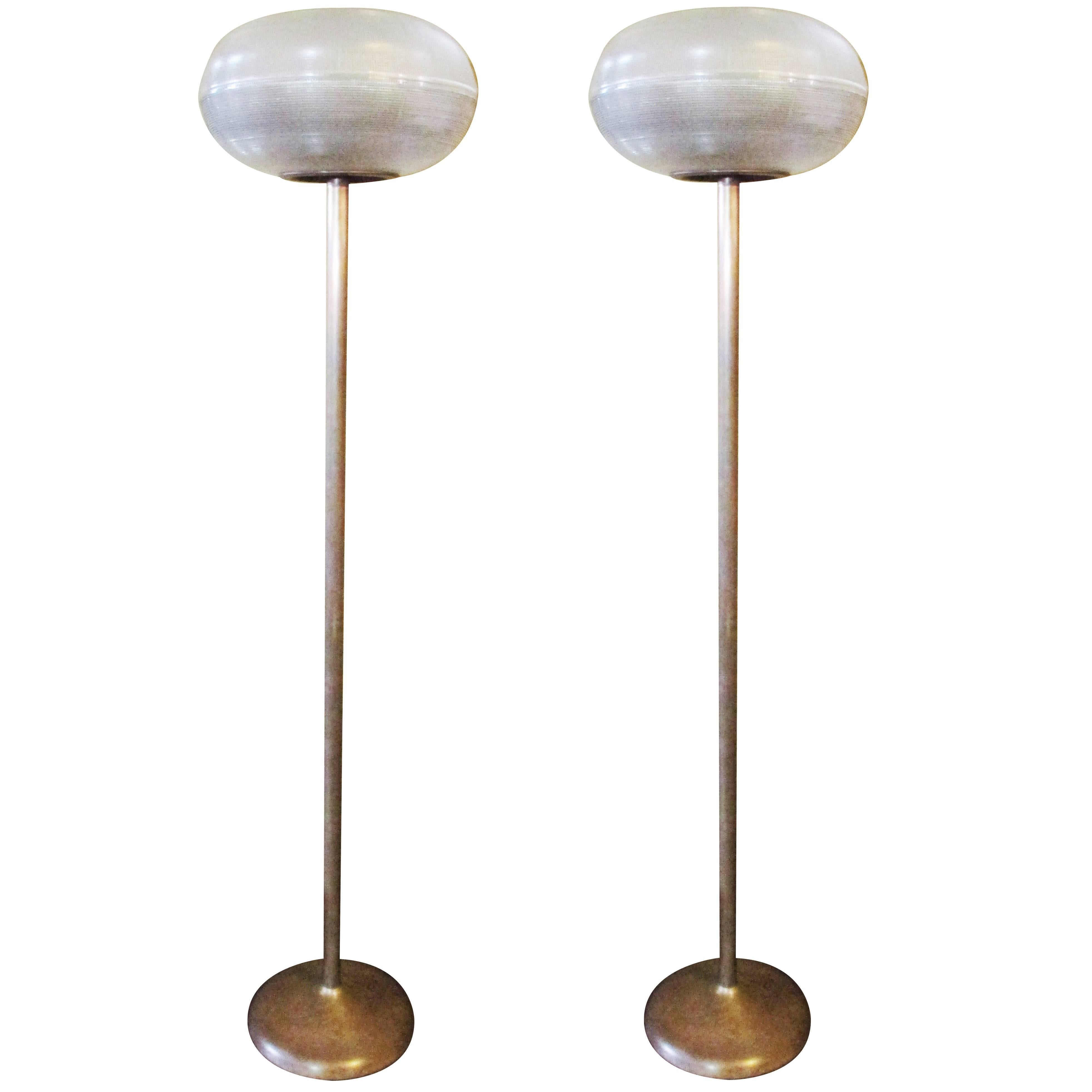 Pair of French Glass Holophane and Brass Foot Lamps For Sale