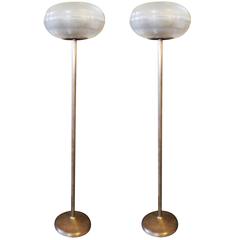 Pair of French Glass Holophane and Brass Foot Lamps