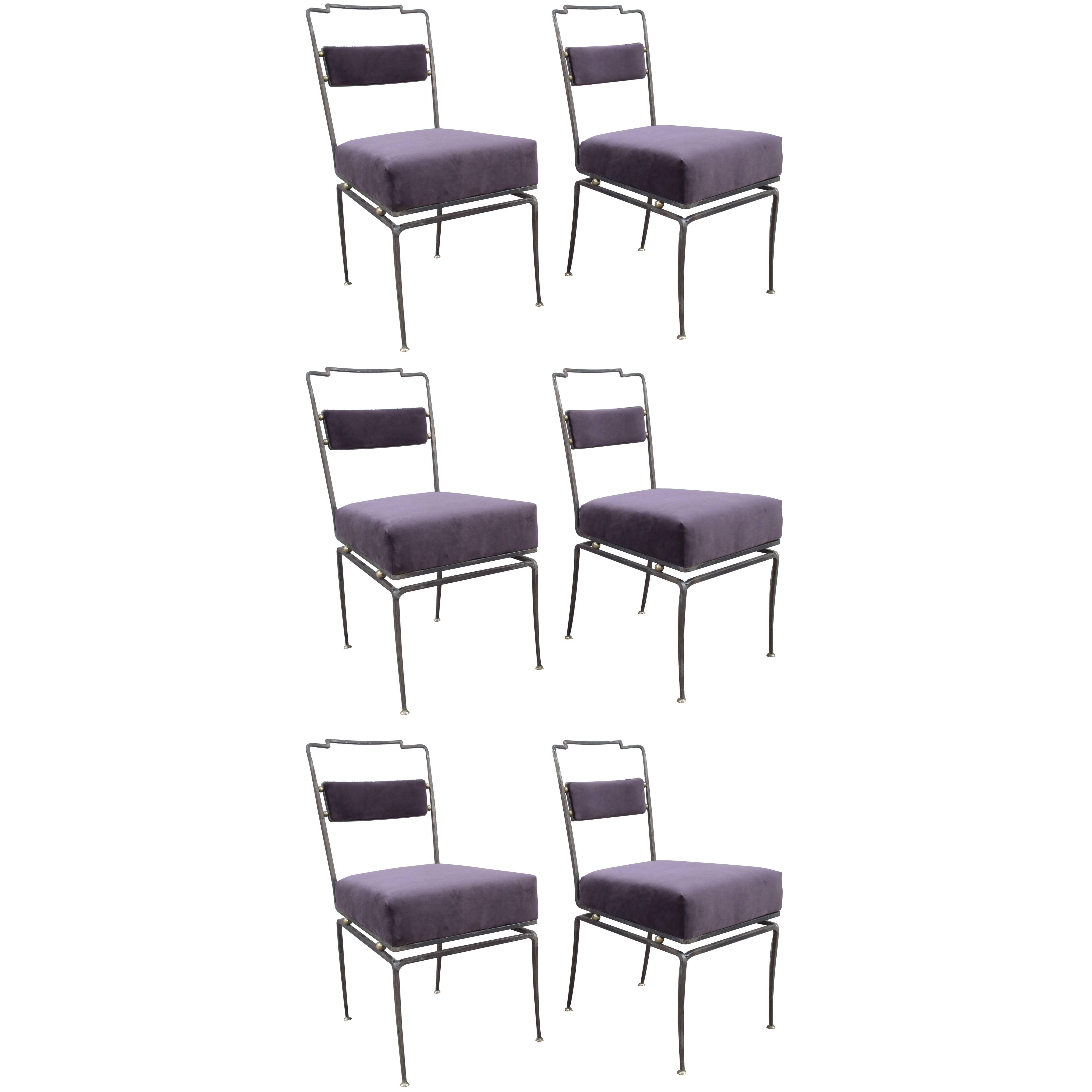 Set of Six Metal and Bronce Chairs by Arturo Pani in Purple Velvet 