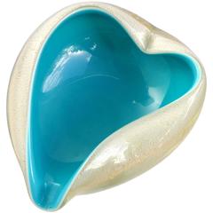 Seguso Vetri d'Arte Murano White, Gold, Blue Italian Art Glass Heart Bowl
