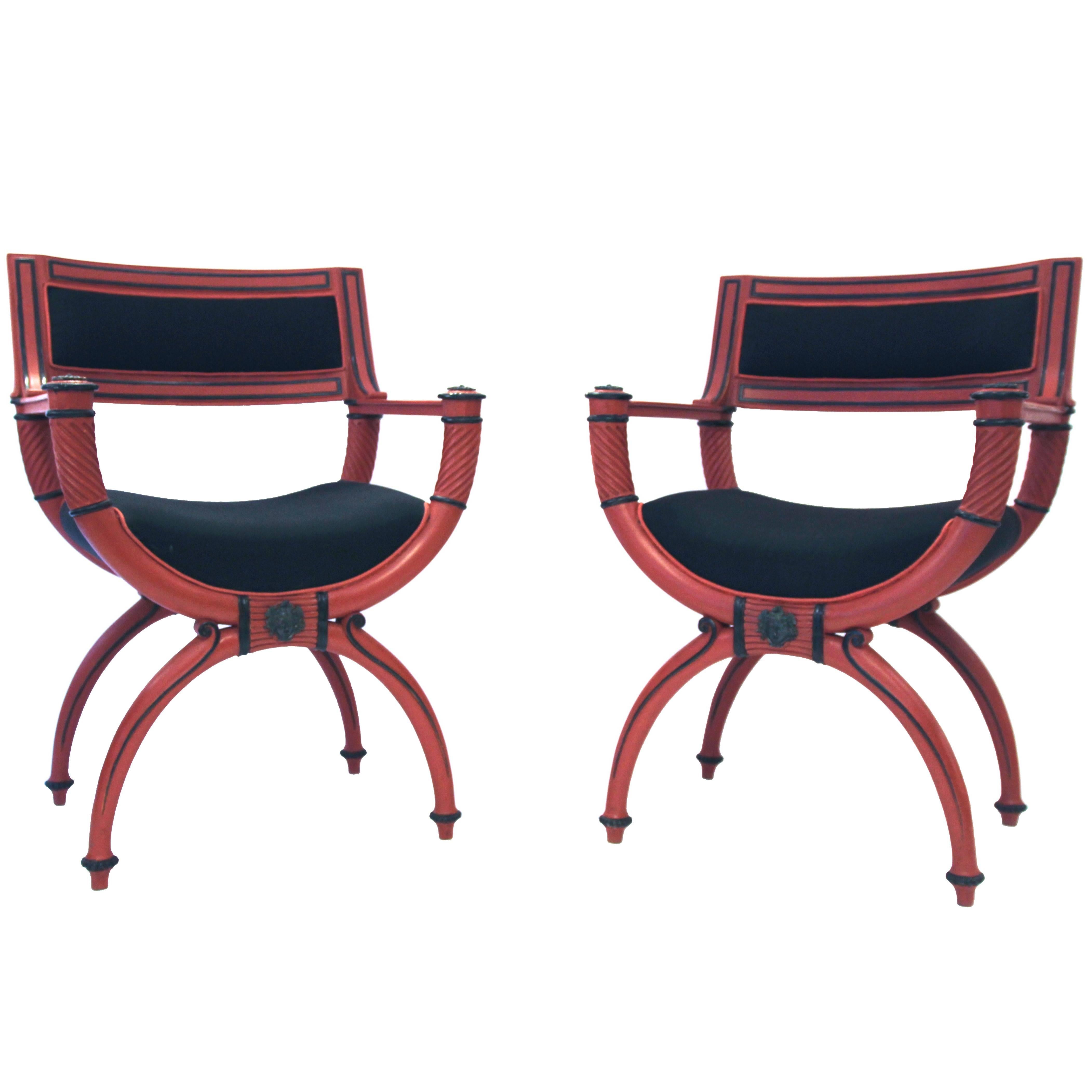 Set of Four Armchairs, Red Lacquer, Neo-Pompeiian Style, circa 1970, France