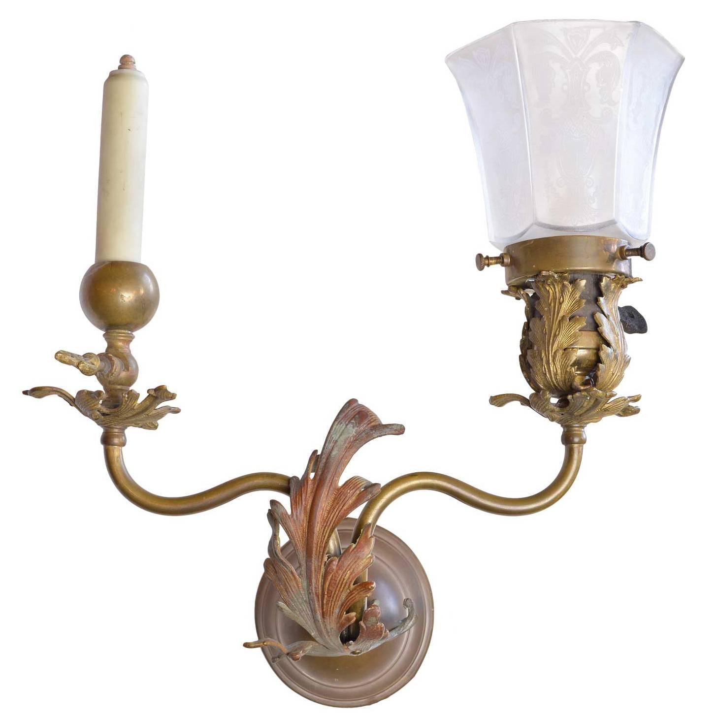 1890s Victorian Gas Electric Brass Sconce For Sale at 1stdibs