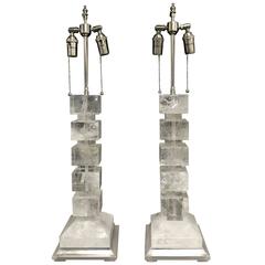 Beautiful Pair of Modern Transitional Rock Crystal Lamps on Silver Leaf Wood