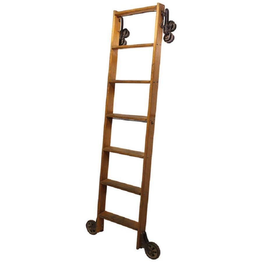  Antique American Oak Library Ladder  For Sale