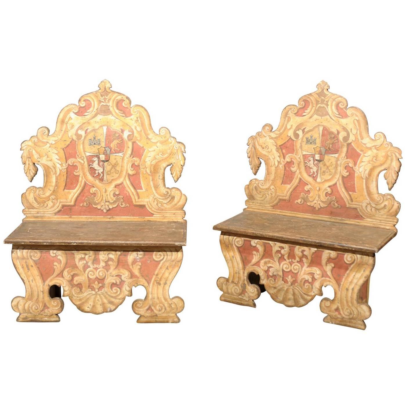 Pair of 19th Century Italian Painted Benches with Crests, Tuscany