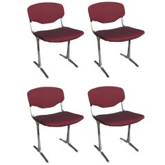 Suite of Four Modernist Stainless Steel and Fabric Chairs, France, 1970s