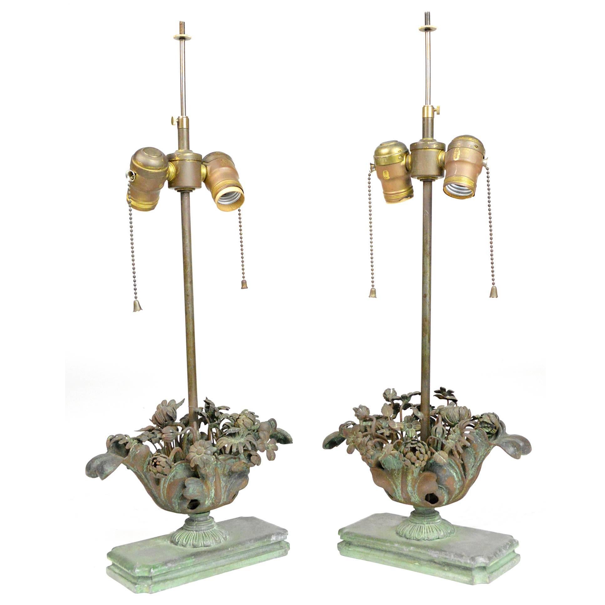 Pair of Fine French Floral Bouquet Bronze Lamps