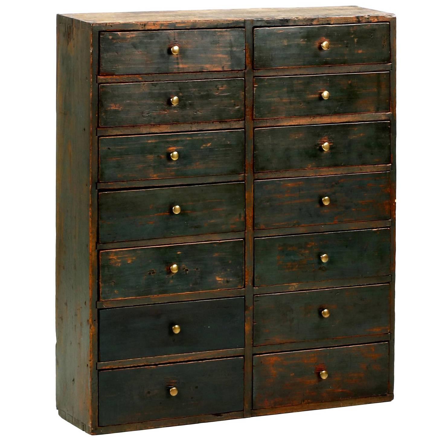 American Scrubbed Blue Painted Dovetailed Pine Apothecary Cabinet, 19th Century